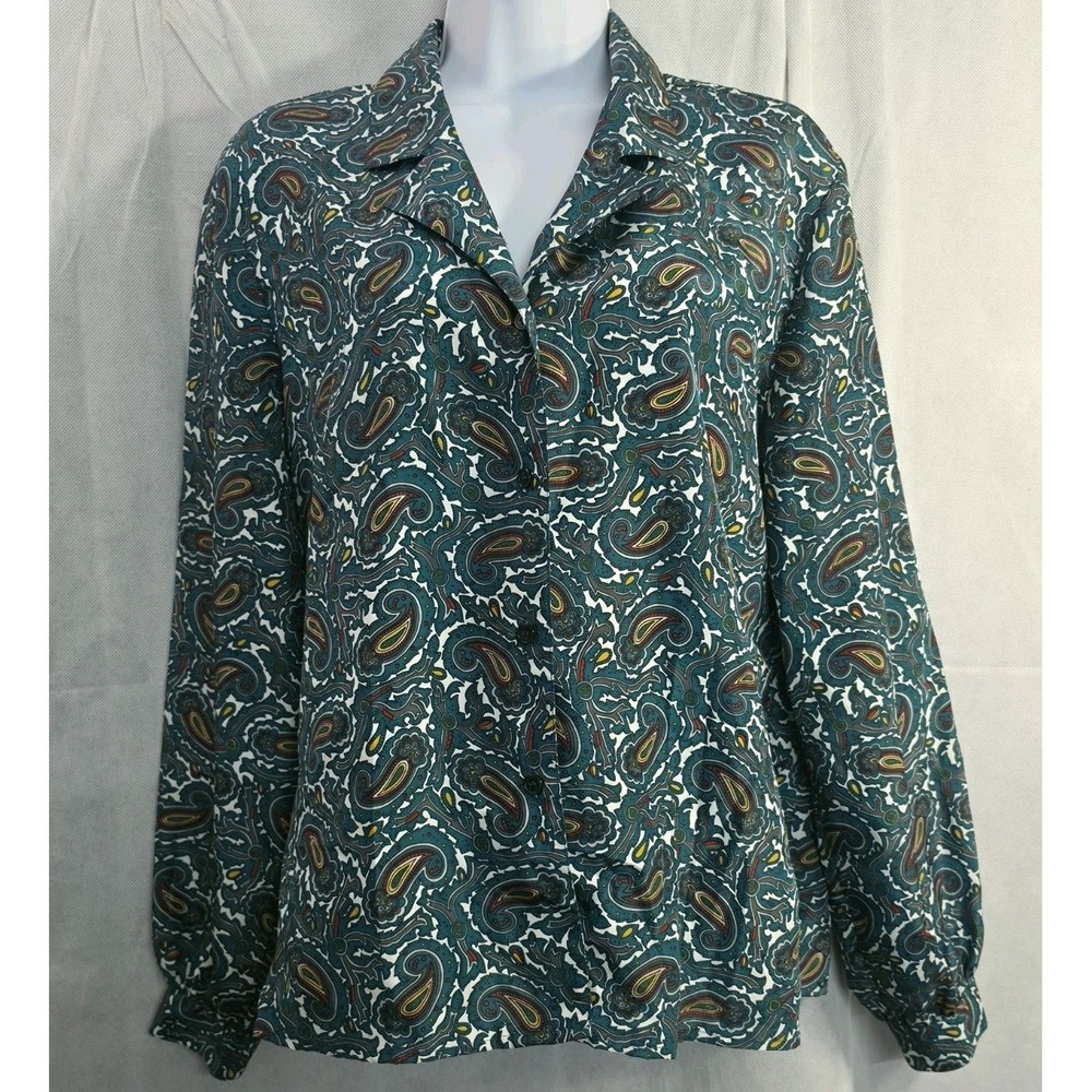 Vintage Sheridan Square Teal Paisley Print Button Up Blouse Size 8